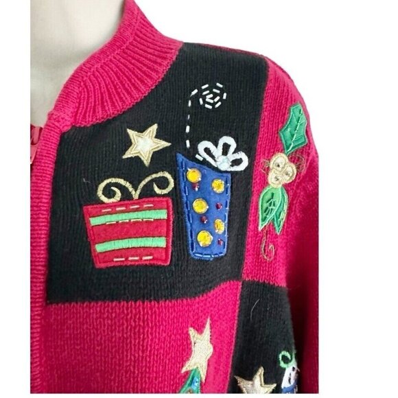 VTG Tiara International Womans Sz L Red White Snowmen Christmas Cardigan Sweater - Picture 6 of 13
